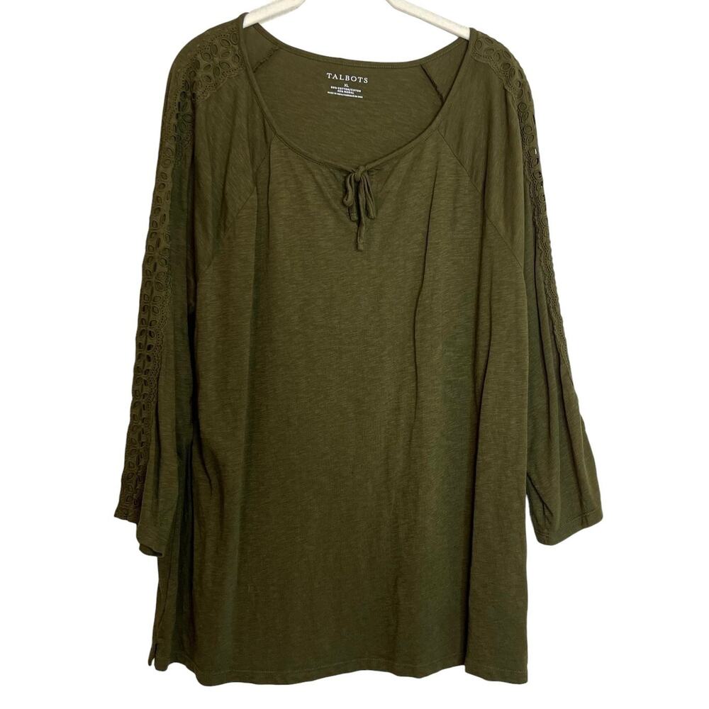 Talbots Womens Top XL Green Crochet Sleeve Tie Neck Cotton Modal